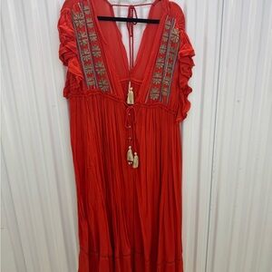 Free People Embroidered Red Maxi Dress